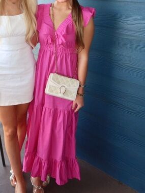 Japna Hot Pink Maxi Dress with Ruffle V-Neck